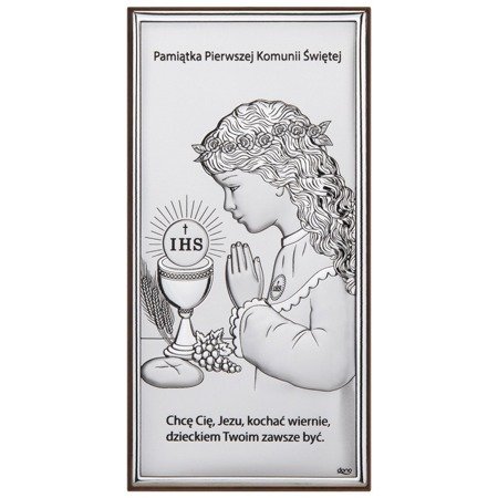 Obrazek Srebrny Pamiątka I Komunii dla dziewczynki prostokąt z podpisem DS30A